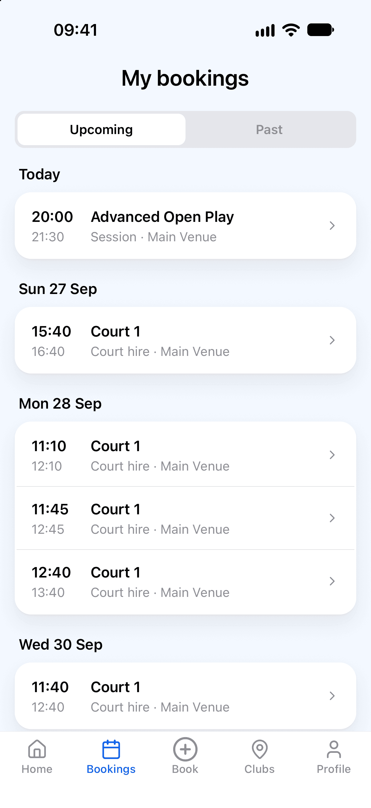 The PicklePro app's bookings list, grouped by day