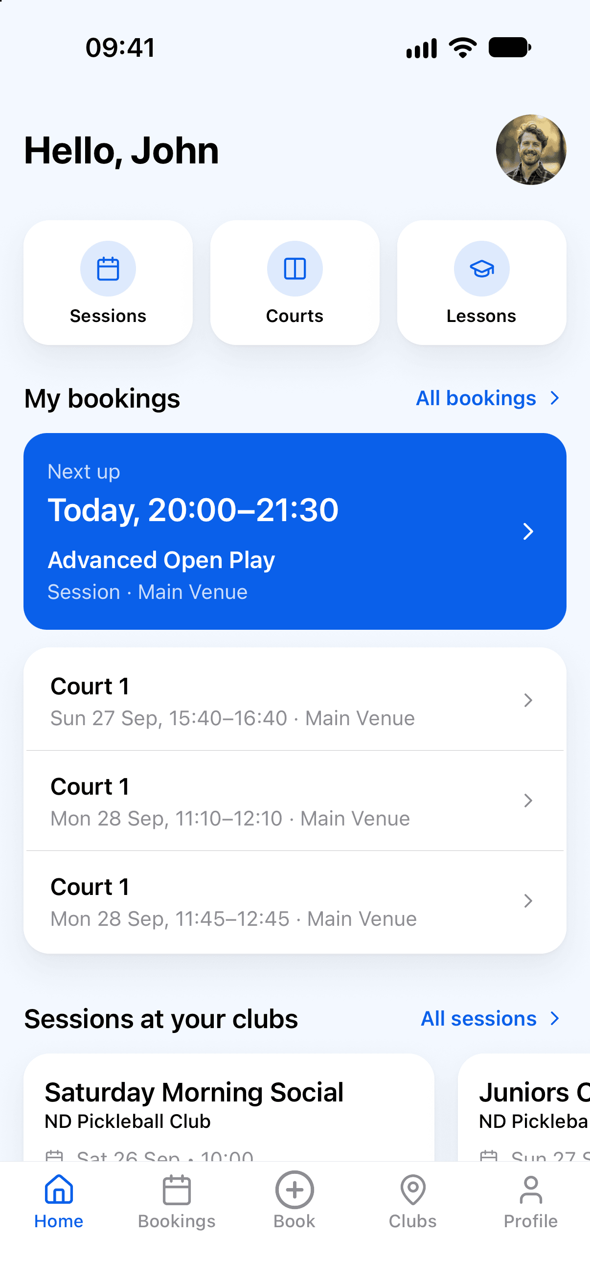 The PicklePro app home screen showing a member's next session and upcoming court bookings
