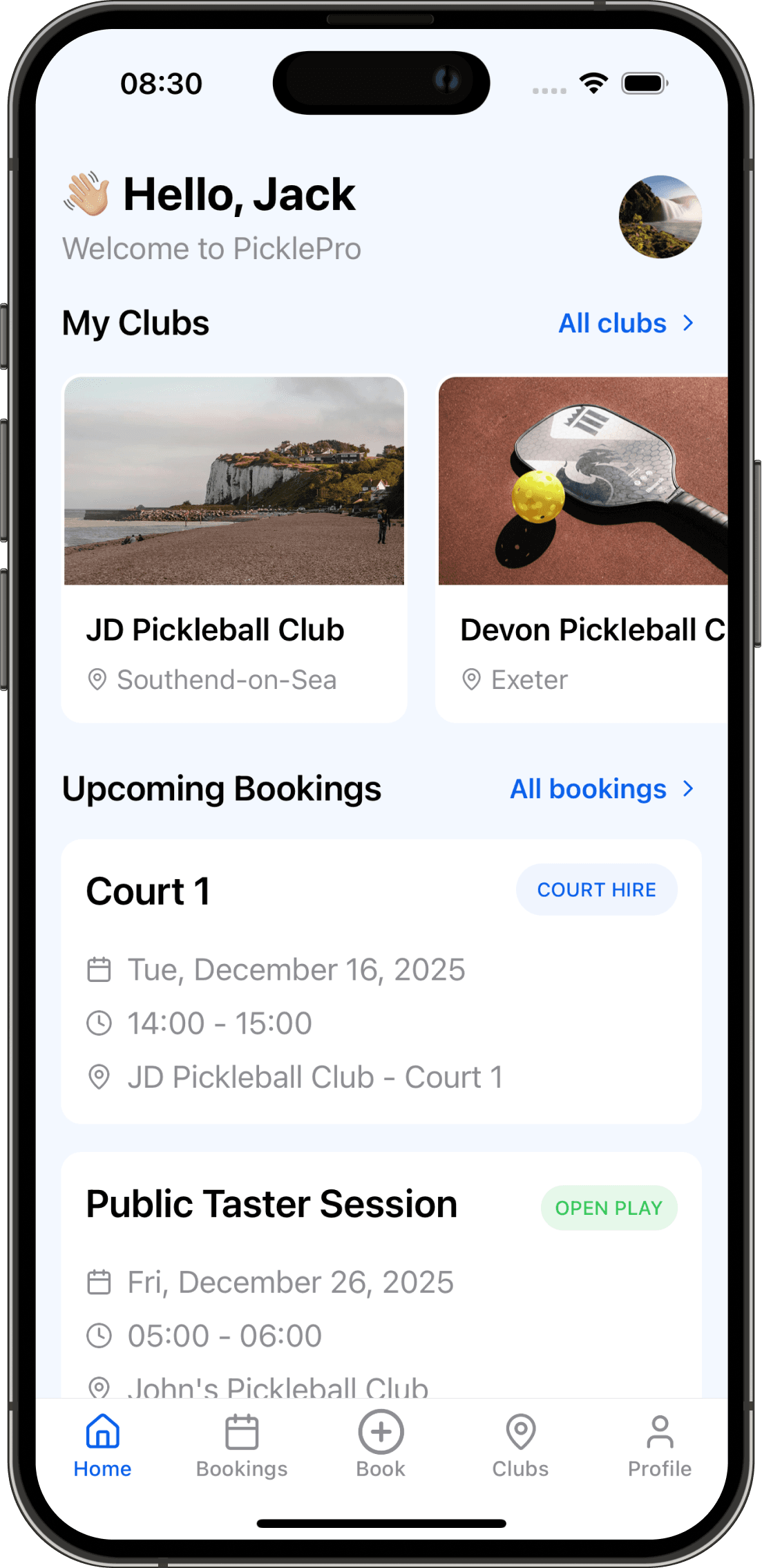 PicklePro mobile app interface